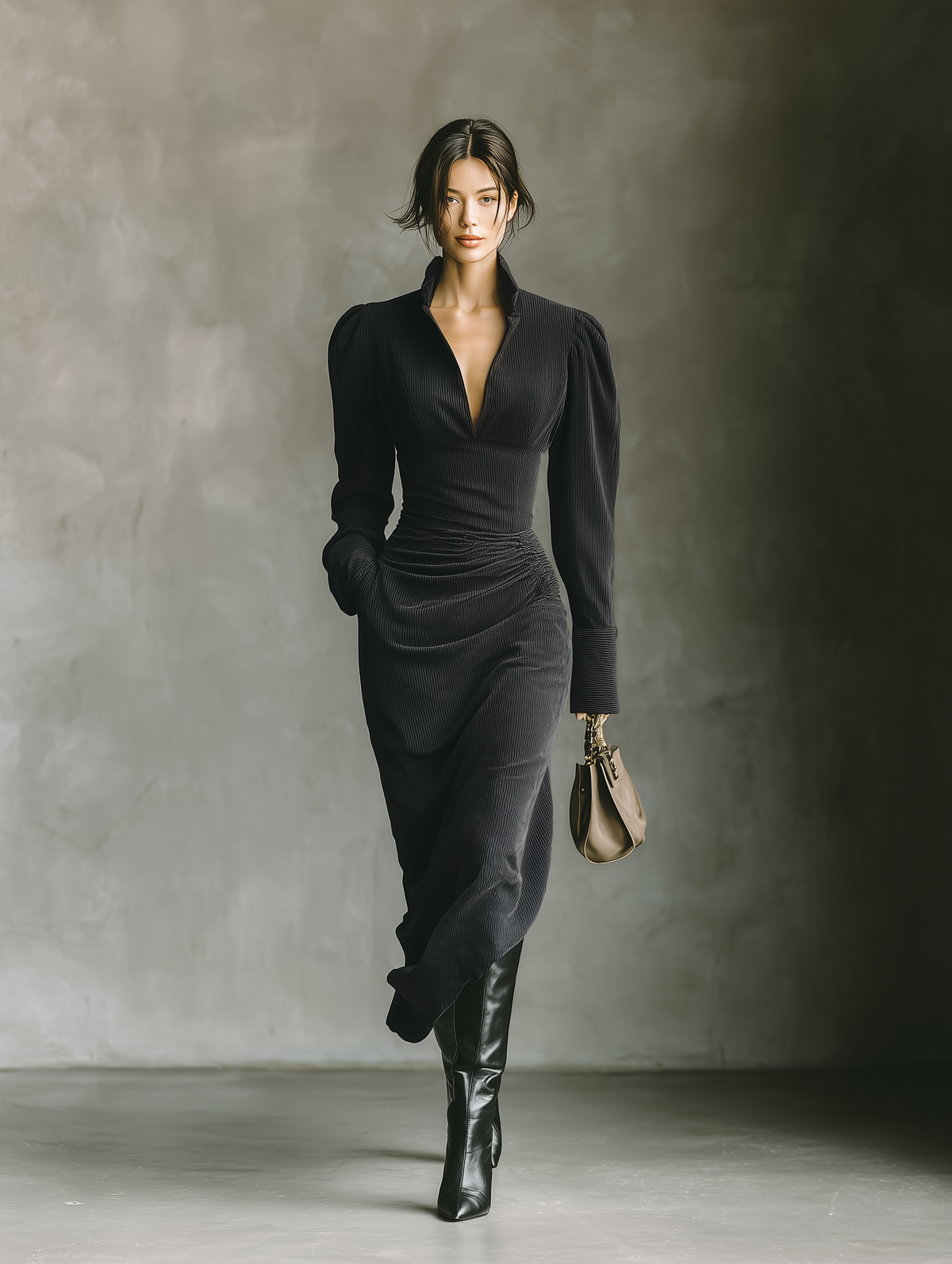 Corduroy Maxi Dress with V-Neck and Cinched Waist