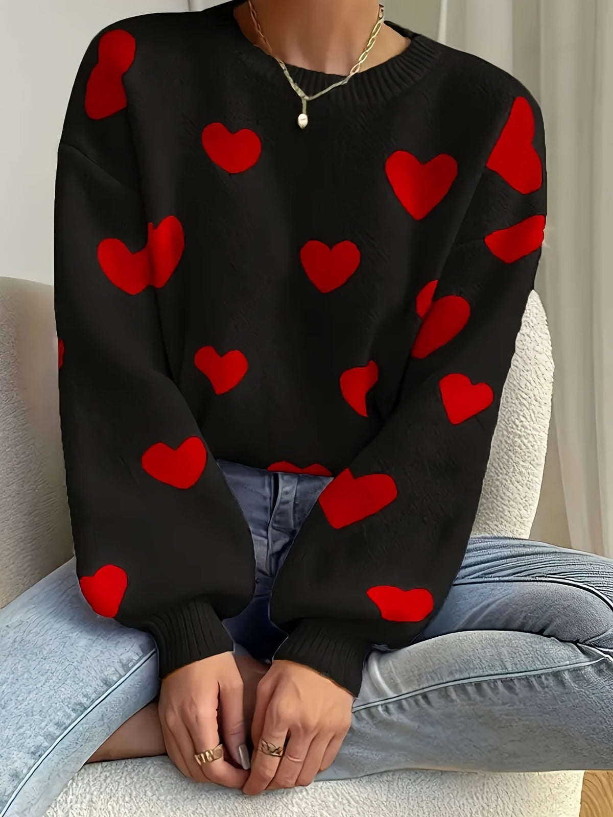 Women's Knit Sweater Heart Pattern Jumper Wool Mix Crew Neck Pullover