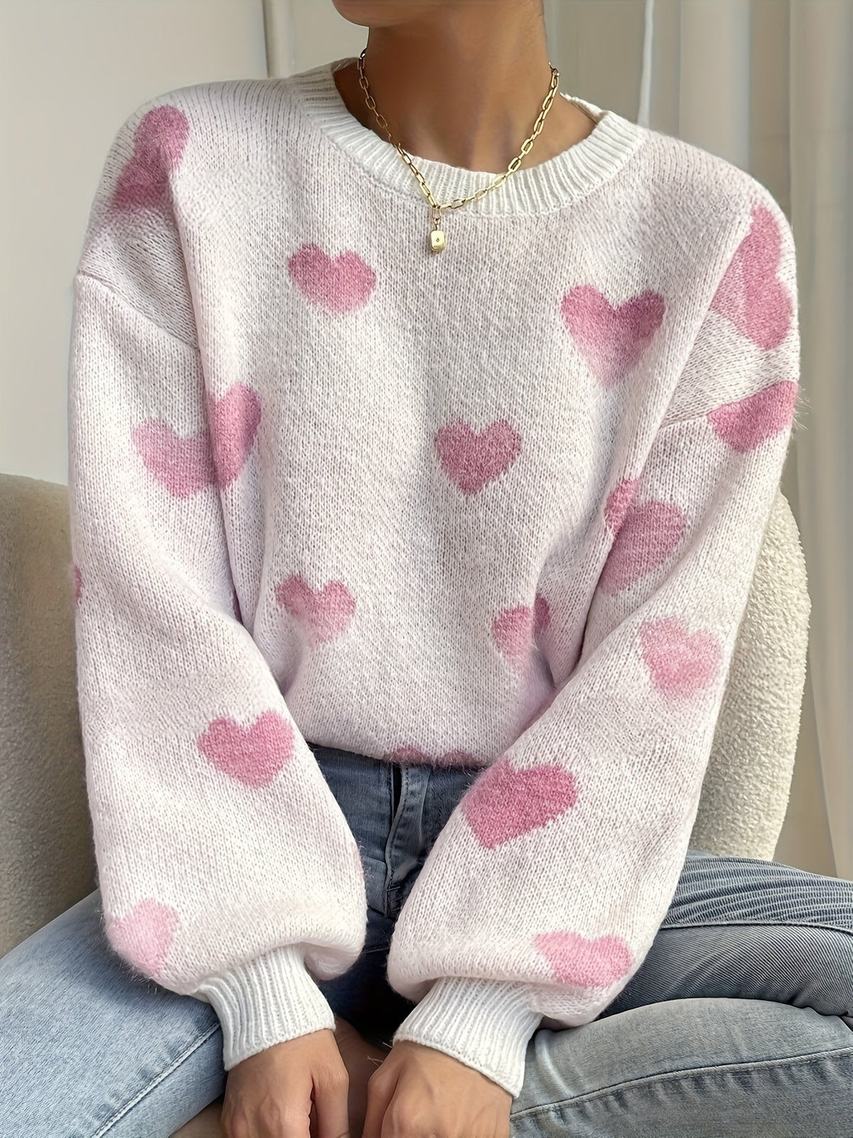 Women's Knit Sweater Heart Pattern Jumper Wool Mix Crew Neck Pullover