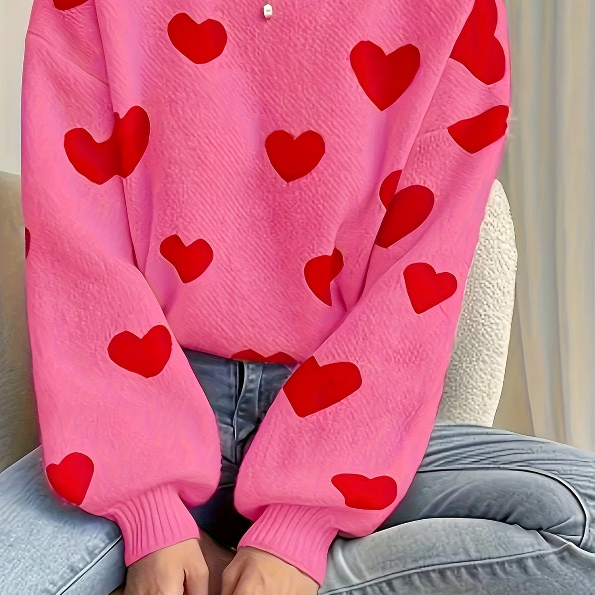 Women's Knit Sweater Heart Pattern Jumper Wool Mix Crew Neck Pullover