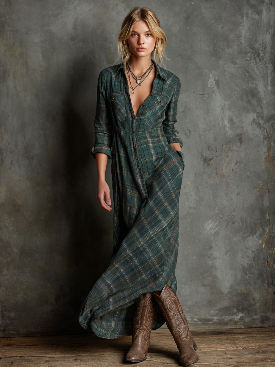 Plaid Shirt Dress Maxi Length Long Sleeve Button Front