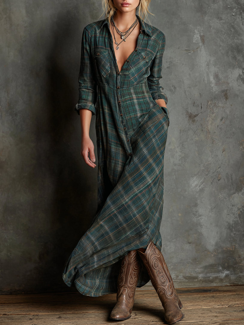 Plaid Shirt Dress Maxi Length Long Sleeve Button Front