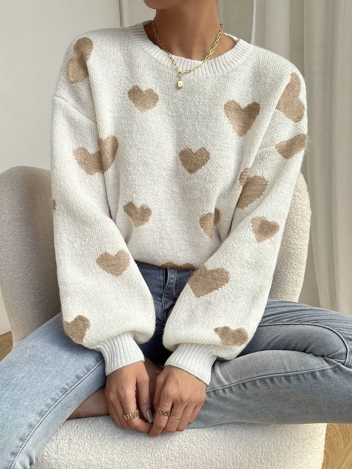 Women's Knit Sweater Heart Pattern Jumper Wool Mix Crew Neck Pullover