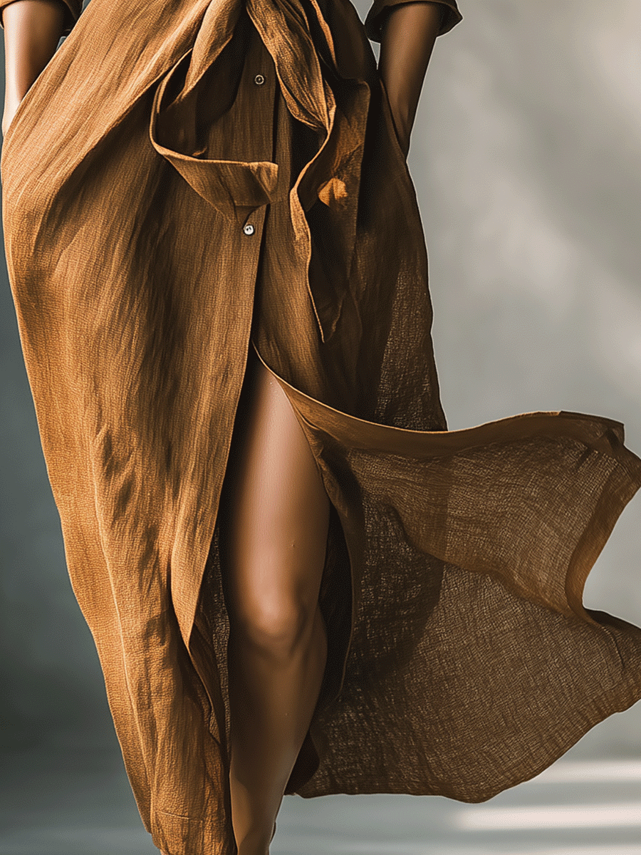 Maxi Shirt Dress for Women - Brown Long Sleeve Button Down