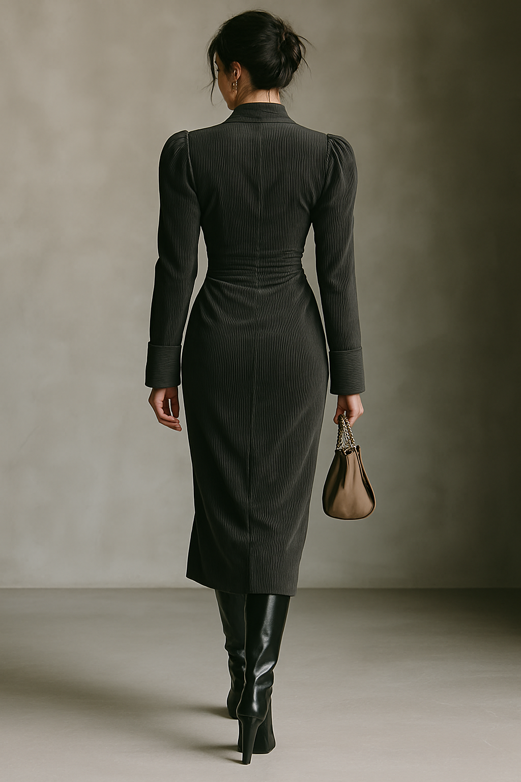 Corduroy Maxi Dress with V-Neck and Cinched Waist