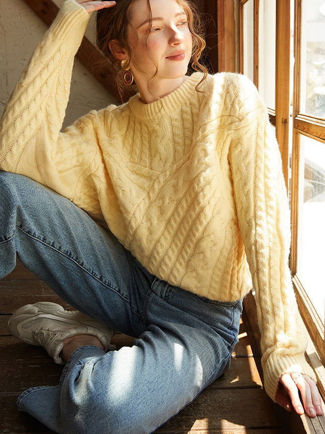 Women's Wool Cable Knit Sweater Crewneck Long Sleeve Pullover