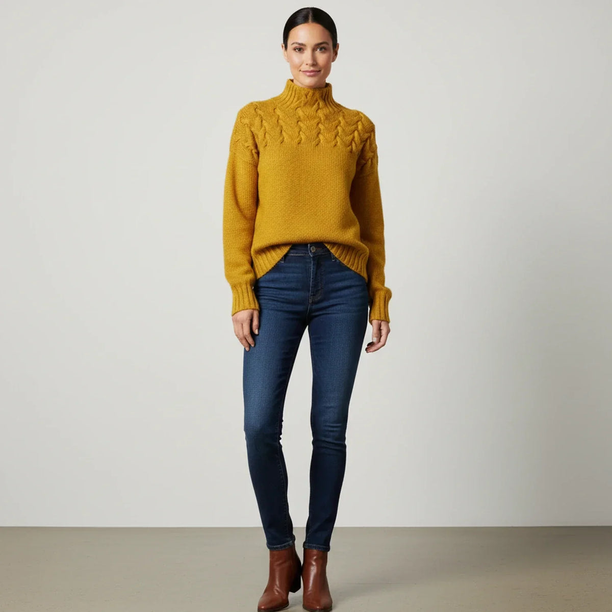 Women's Merino Wool Cable Knit Turtleneck Pullover