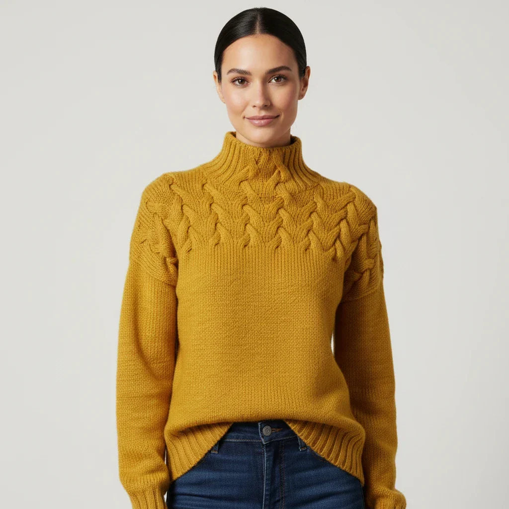 Women's Merino Wool Cable Knit Turtleneck Pullover