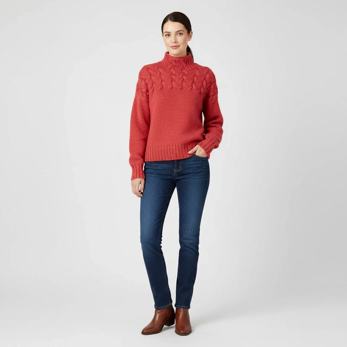 Women's Merino Wool Cable Knit Turtleneck Pullover