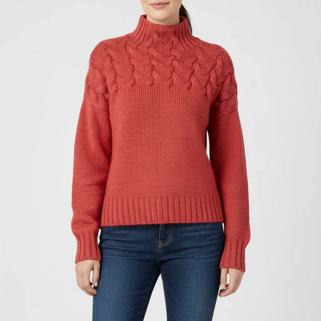 Women's Merino Wool Cable Knit Turtleneck Pullover