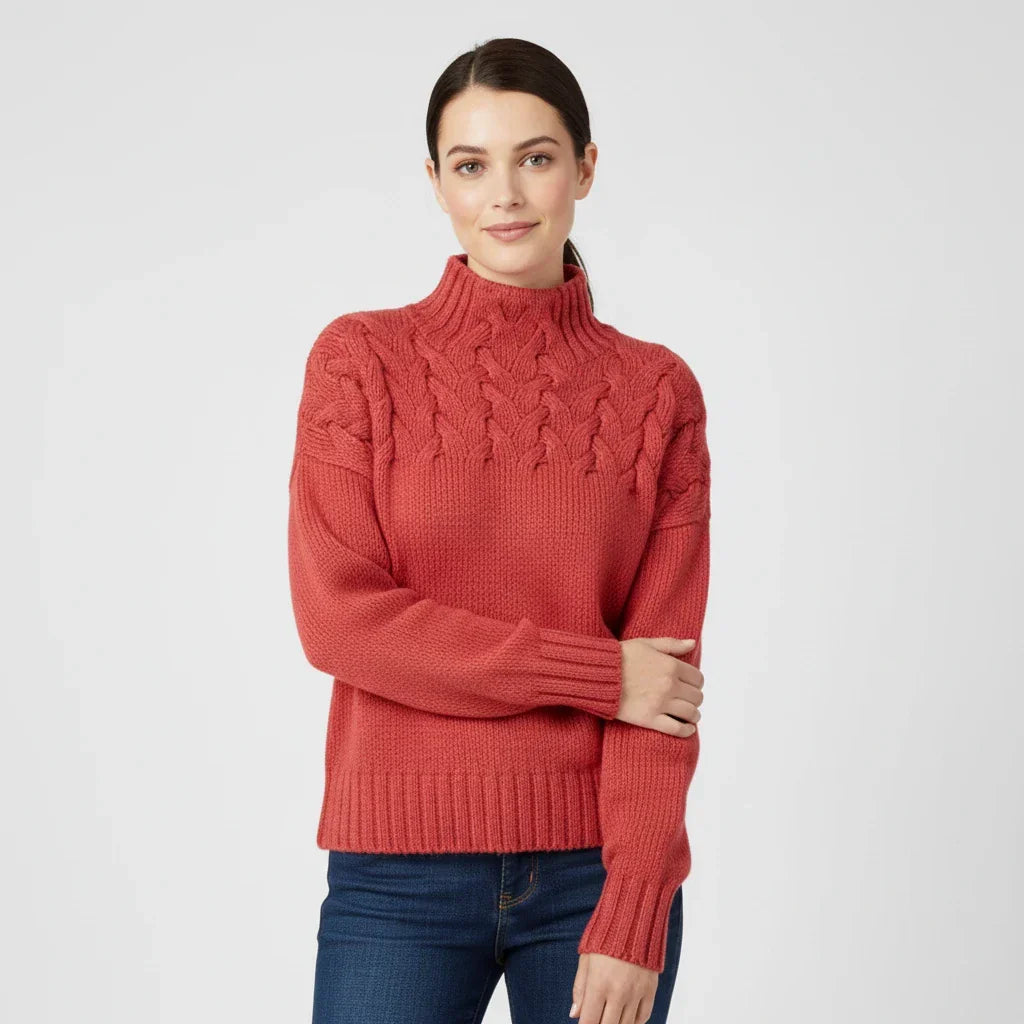 Women's Merino Wool Cable Knit Turtleneck Pullover