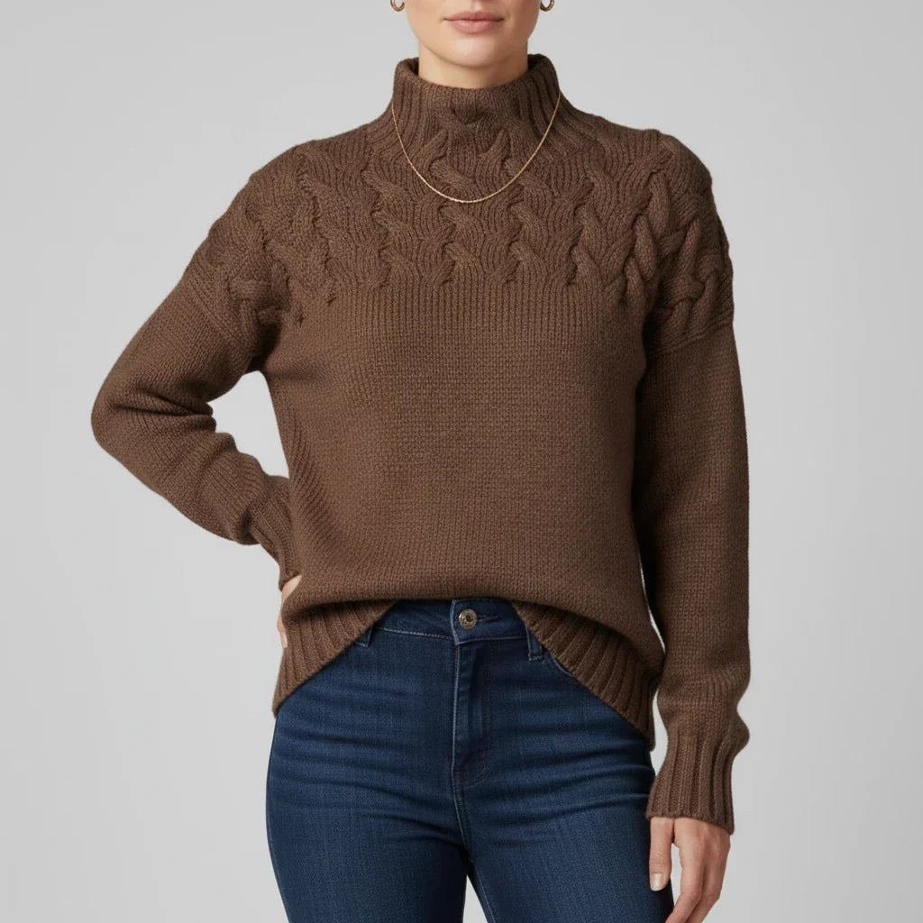 Women's Merino Wool Cable Knit Turtleneck Pullover