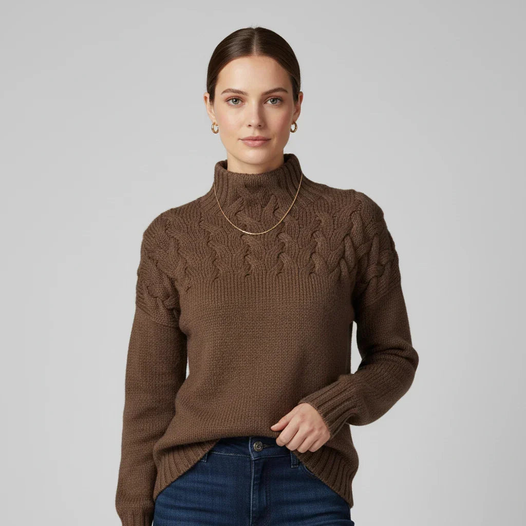 Women's Merino Wool Cable Knit Turtleneck Pullover