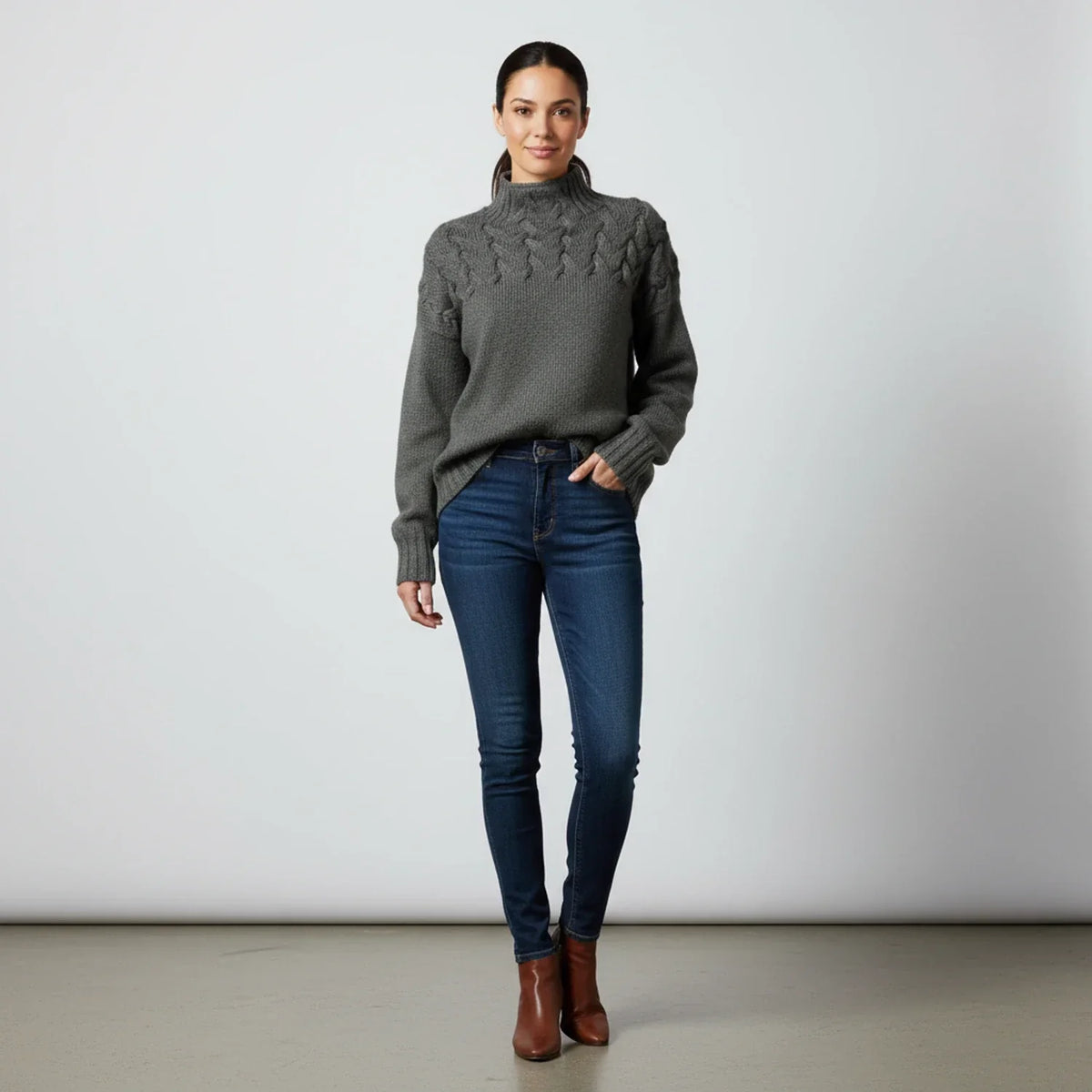 Women's Merino Wool Cable Knit Turtleneck Pullover