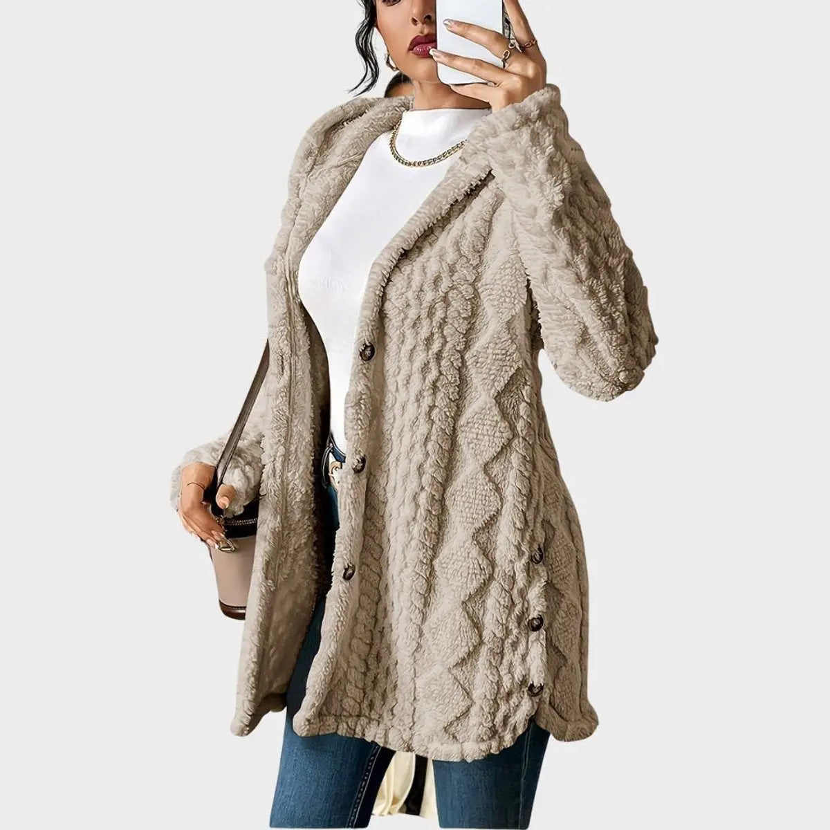 Grace | Women's Plush Hooded Button-Front Longline Cardigan