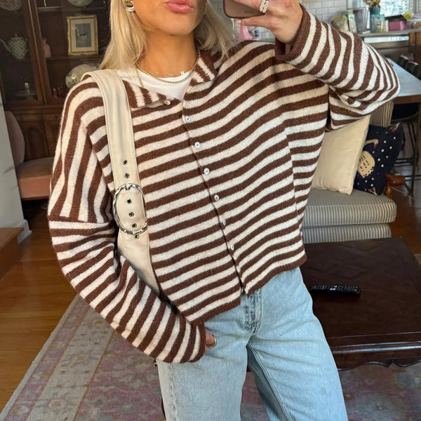Grace | Women's Striped Button Front Cardigan Stand Collar