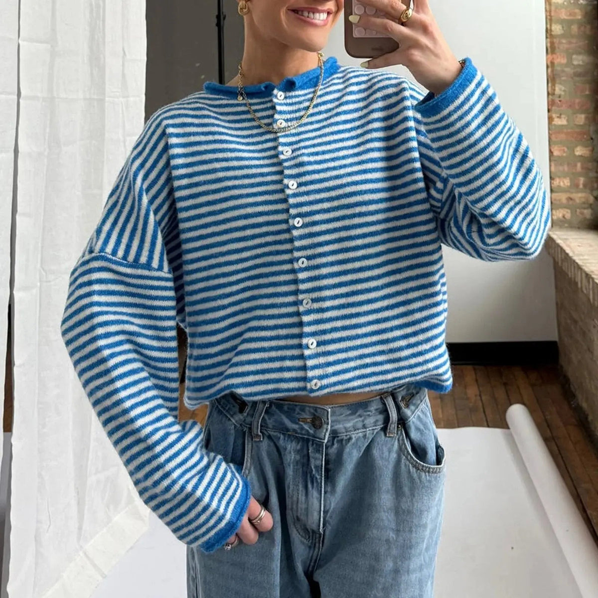 Grace | Women's Striped Button Front Cardigan Stand Collar