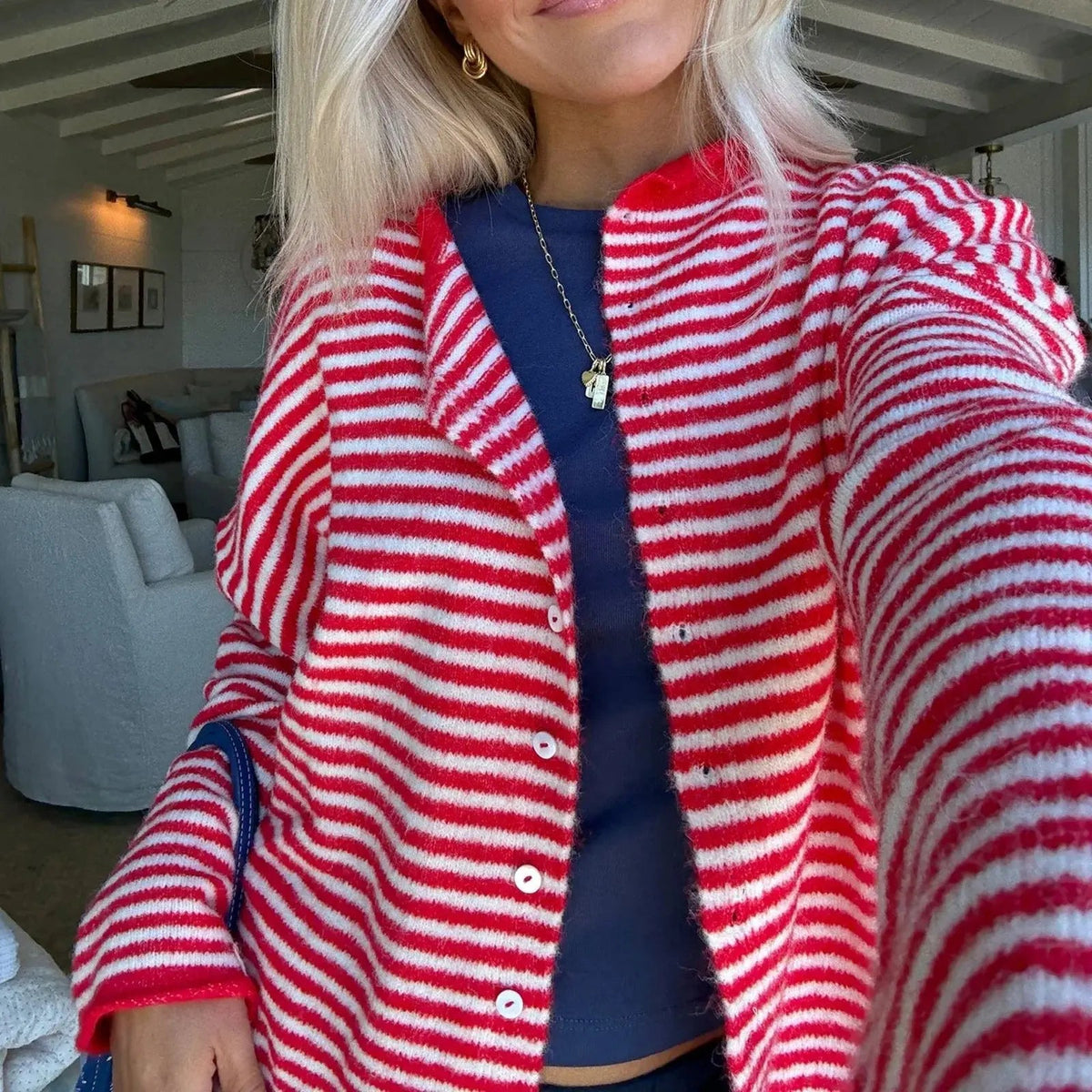 Grace | Women's Striped Button Front Cardigan Stand Collar